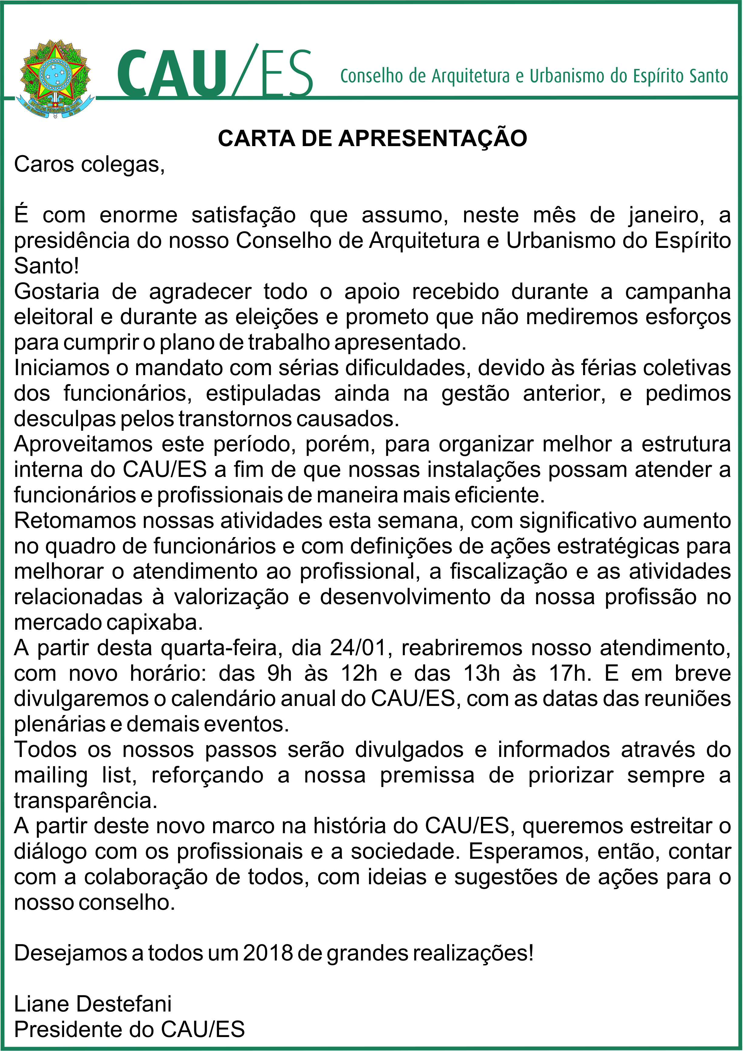 CARTA DE APRESENTAÇÃO DA PRESIDENTE  CAU/ES
